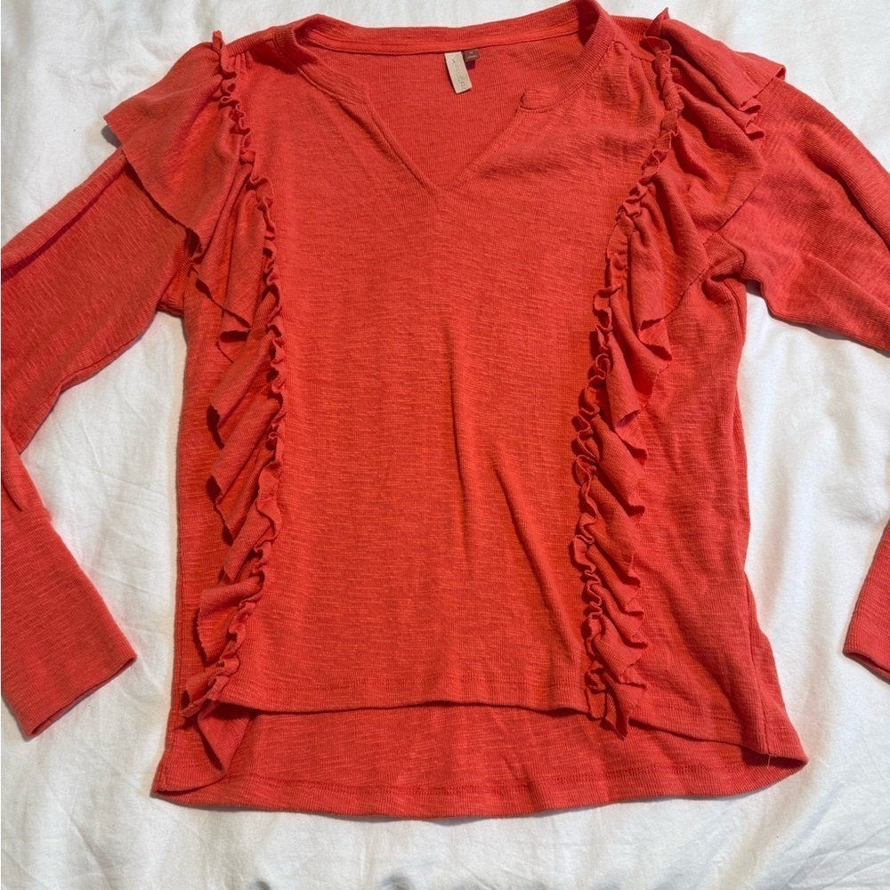 Anthropologie Pilcro Cozy Popover Coral Red Top Size M Ruffle - Picture 3 of 13